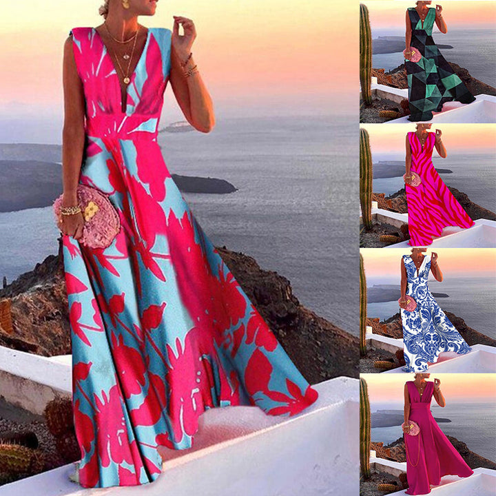 Damen Maxikleid mit elegantem floralem Muster und V-Ausschnitt Drune