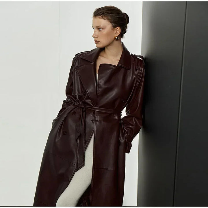 Damen Modischer Kunstleder-Trenchcoat mit Gürtel Drune