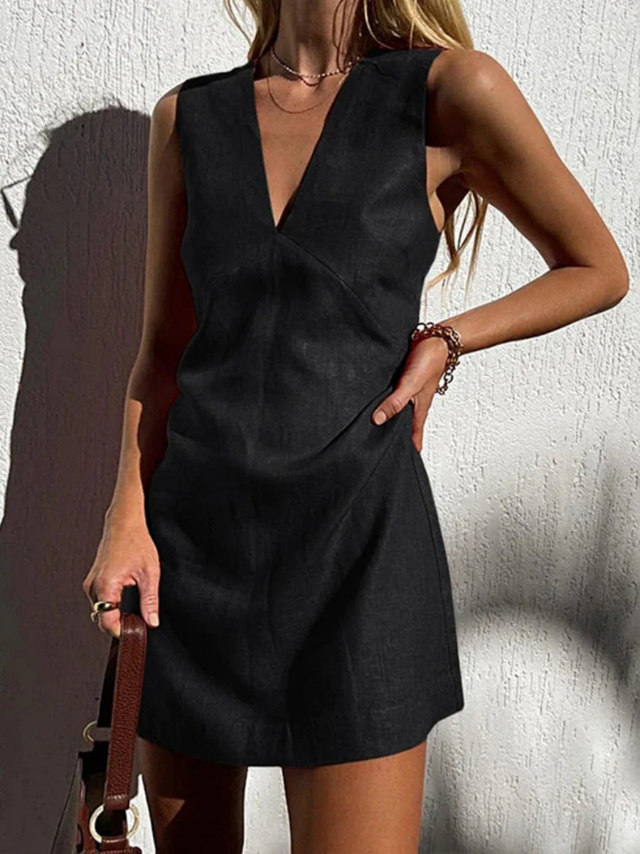 Damen leichtes Leinenkleid mit tiefem V-Ausschnitt und ärmellosem Design Drune
