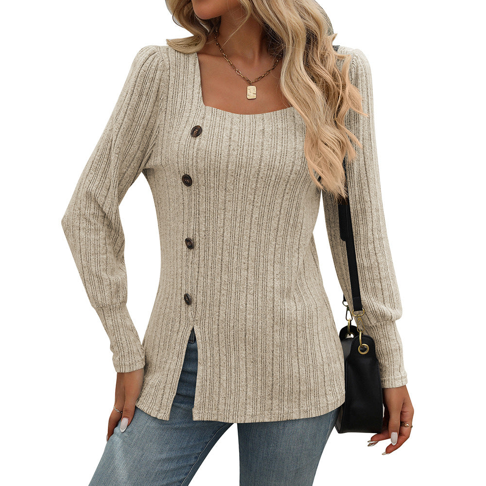 Damen Strickoberteil mit quadratischem Ausschnitt und Knopfdetails Drune