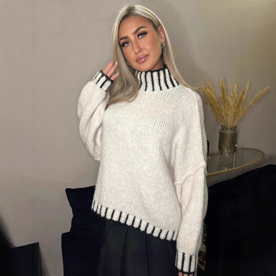 Damen lässiger Grobstrickpullover mit voluminösen Ärmeln und hohem Kragen Drune