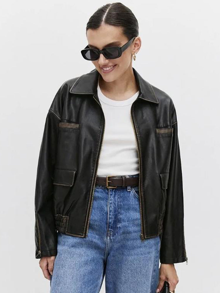 Damen modische Lederjacke mit praktischen Taschen und elastischem Saum Drune