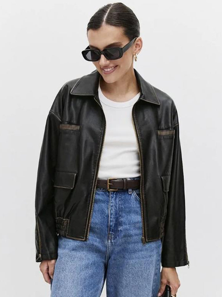 Damen modische Lederjacke mit praktischen Taschen und elastischem Saum Drune