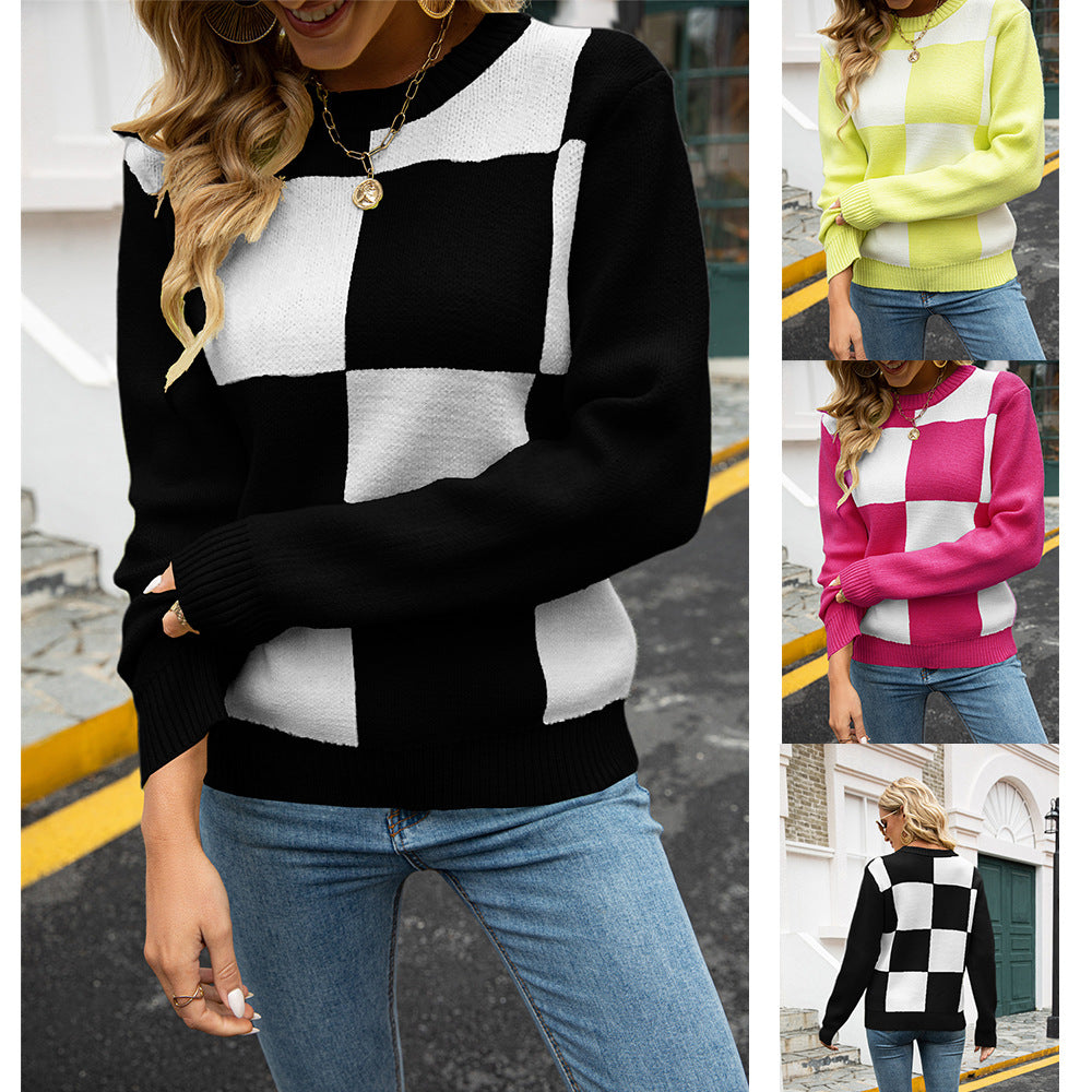 Damen modischer Pullover mit kariertem Design und weichem Strick Drune