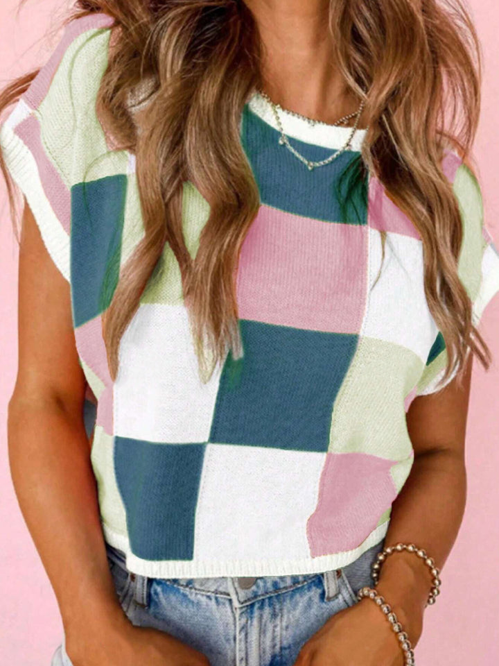 Damen gemusterter Kurzarm Pullover im Patches-Design Drune