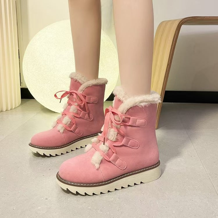 Damen nan gefütterte Schnürstiefelette mit Kunstfellkragen, elastischen Schlaufendetails und gezahnter Profilsohle Drune