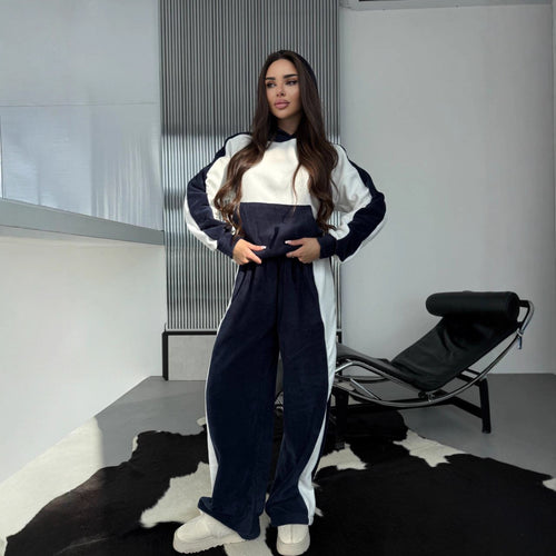 Damen gemütliches Fleece-Casual-Set mit farblich abgesetzten Details Drune