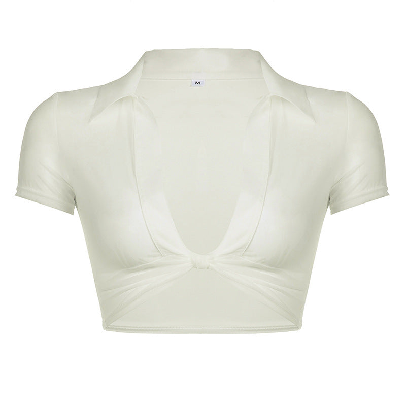 Damen Moderne cropped Bluse mit tiefem V-Ausschnitt und verspieltem Knoten Drune