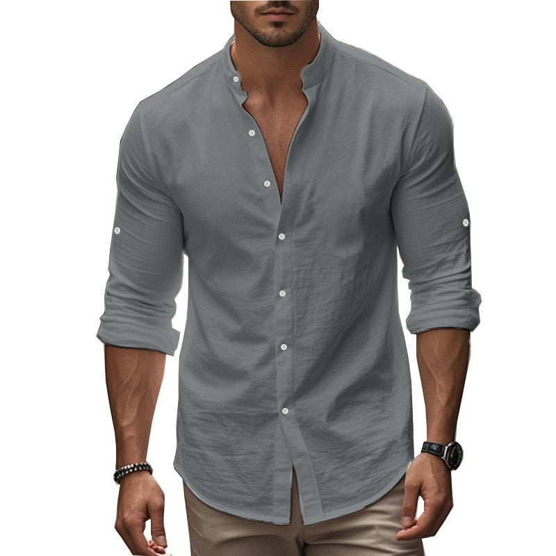 Herren modisches Langarm-Hemd mit innovativem Stehkragen und eleganter Knopfdetail Drune