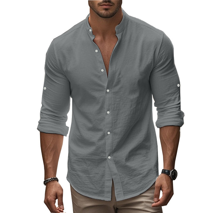 Herren modisches Langarm-Hemd mit innovativem Stehkragen und eleganter Knopfdetail Drune