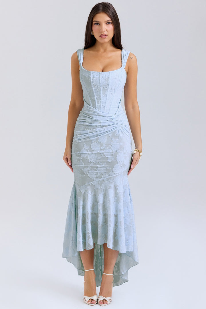 Damen Elegantes Maxikleid mit floralem Relief und asymmetrischem Saum Drune