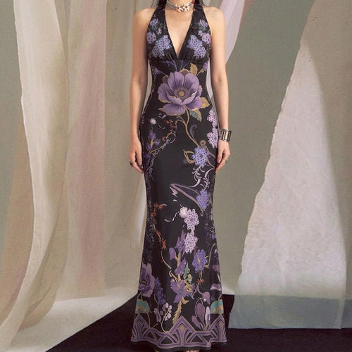 Damen Elegantes Maxikleid mit floralem Design und tiefem V-Ausschnitt Drune