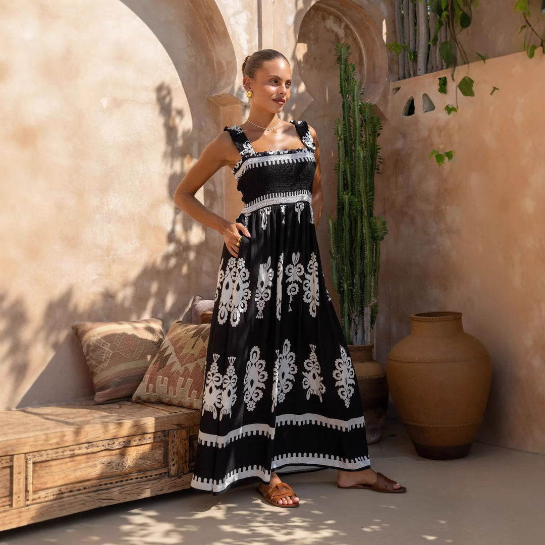 Damen Maxikleid mit elastischem Oberteil und detailliertem Muster Drune