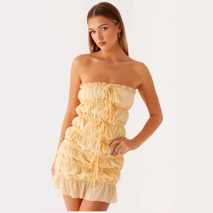 Damen Kurzkleid mit raffinierten Rüschen und verstellbarem Kordelzug Drune