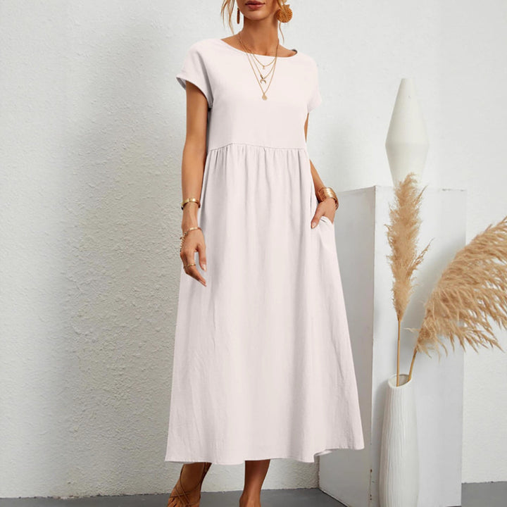 Damen Midi-Kleid mit Ballonärmeln und praktischen Taschen Drune