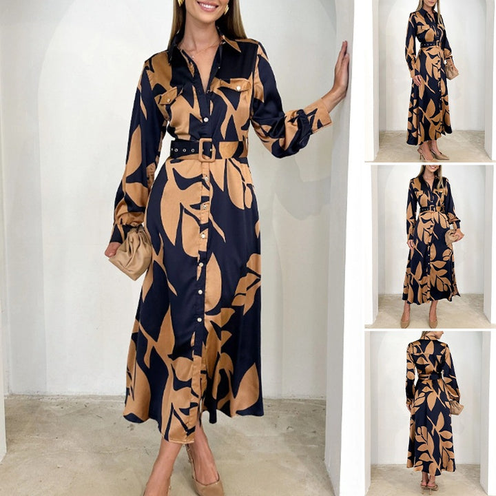 Damen nan elegantes Satin-Hemdkleid mit Taillengürtel, Brusttaschen und abstraktem Blattprint Drune