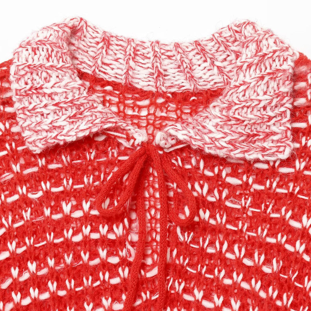 Damen lässiger Strickpullover mit modischem Kragen und Bindebändern Drune