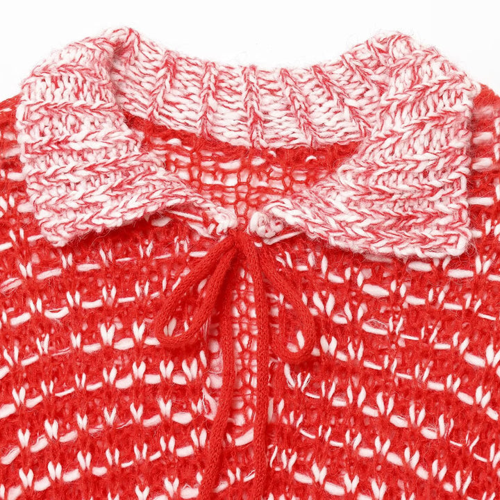 Damen lässiger Strickpullover mit modischem Kragen und Bindebändern Drune