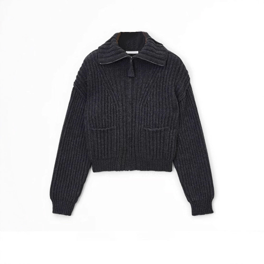 Damen modischer Grobstrickpullover mit hohem Kragen und praktischen Taschen Drune