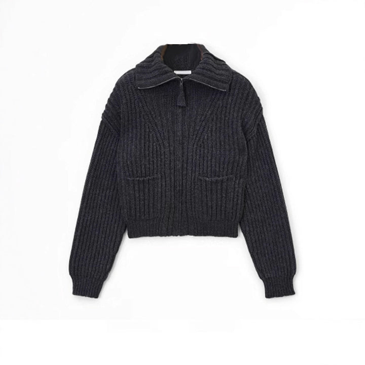 Damen modischer Grobstrickpullover mit hohem Kragen und praktischen Taschen Drune