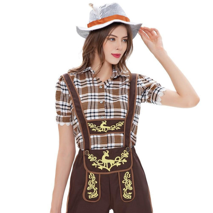 Damen nan Trachten-Shorts mit besticktem Latz, verstellbaren Trägern und karierter Bluse Drune