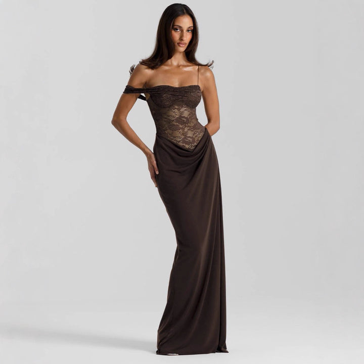 Damen Elegantes Cocktailkleid mit Spitzenoberteil und fließendem Rock Drune