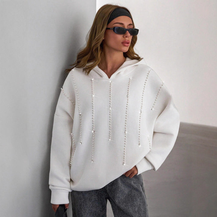 Damen Oversized Kapuzenpullover mit eleganten Perlenakzenten Drune