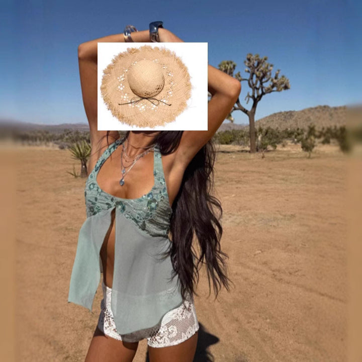 Damen Luftig-fließendes Strandtop mit Rüschendetails und transparenter Blende Drune