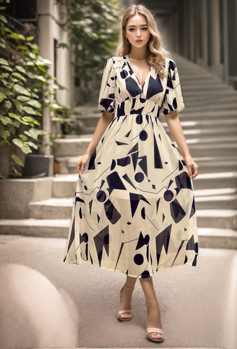 Damen Maxikleid mit voluminösen Puffärmeln und fließendem Rock Drune