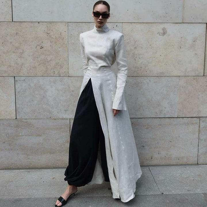 Damen elegantes Maxikleid mit hochgeschlossenem Kragen und asymmetrischem Farbdesign Drune
