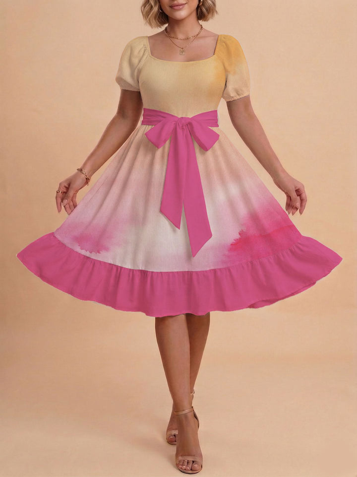 Damen Retro Maxikleid mit Puffärmeln und Taillengürtel Drune
