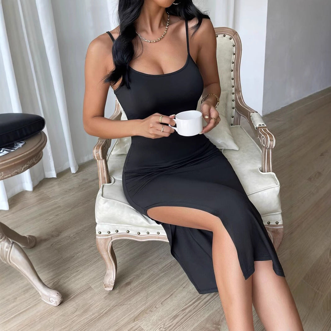 Damen figurbetontes Maxi-Kleid mit schmalen Spaghettiträgern und seitlichem Schlitz Drune
