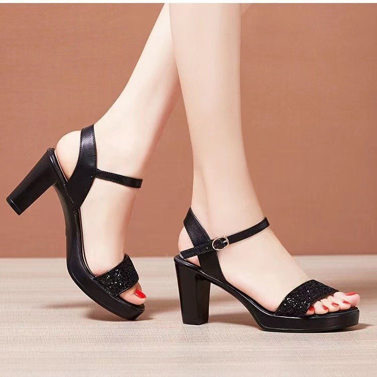 Damen nan Glitzer-Zehenschlaufen-Sandalette mit Plateaueffekt und stabilem Blockabsatz Drune