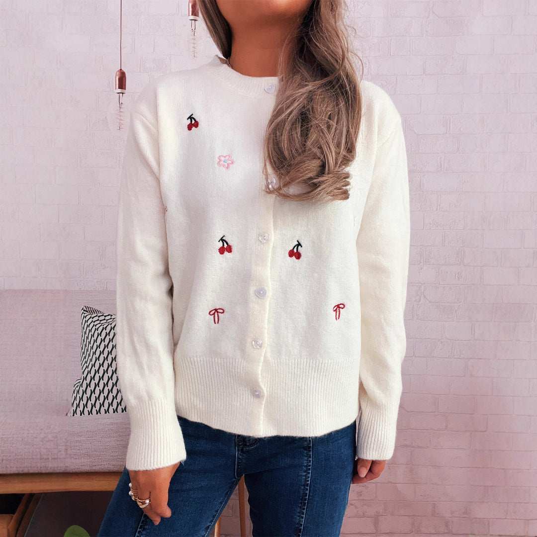 Damen Strickjacke mit liebevollem Blumen- und Kirschdesign Drune