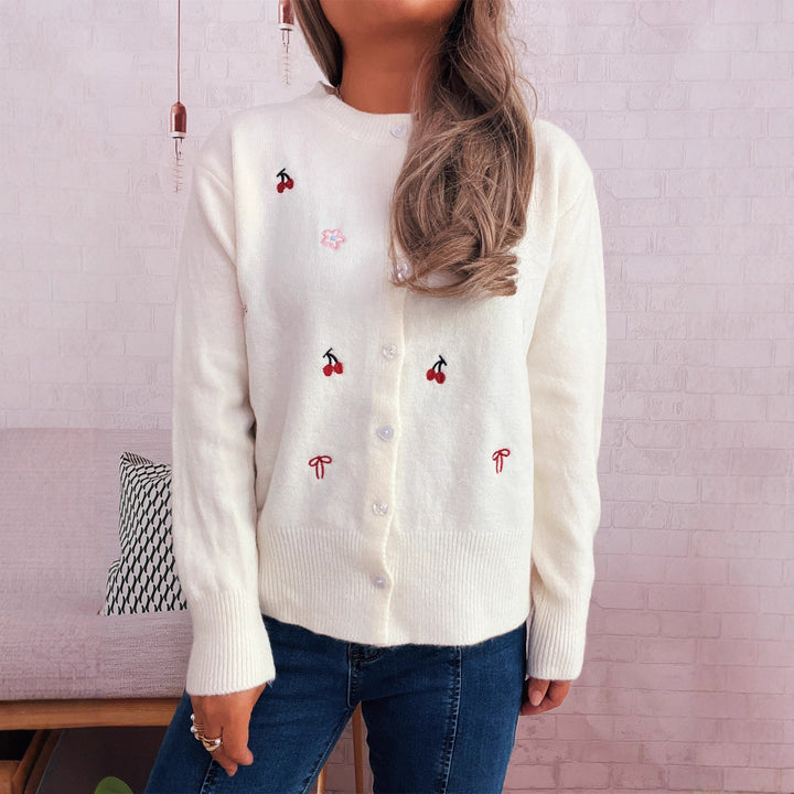 Damen Strickjacke mit liebevollem Blumen- und Kirschdesign Drune