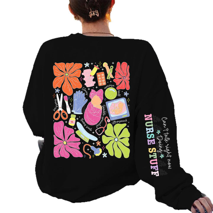 Damen Sweatshirt mit buntem Grafikdesign und originellem Pflege-Motiv Drune