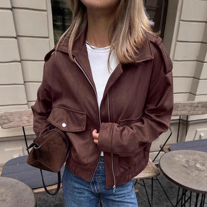 Damen Modische Suede Bomberjacke mit praktischen Taschen und Reißverschluss Drune