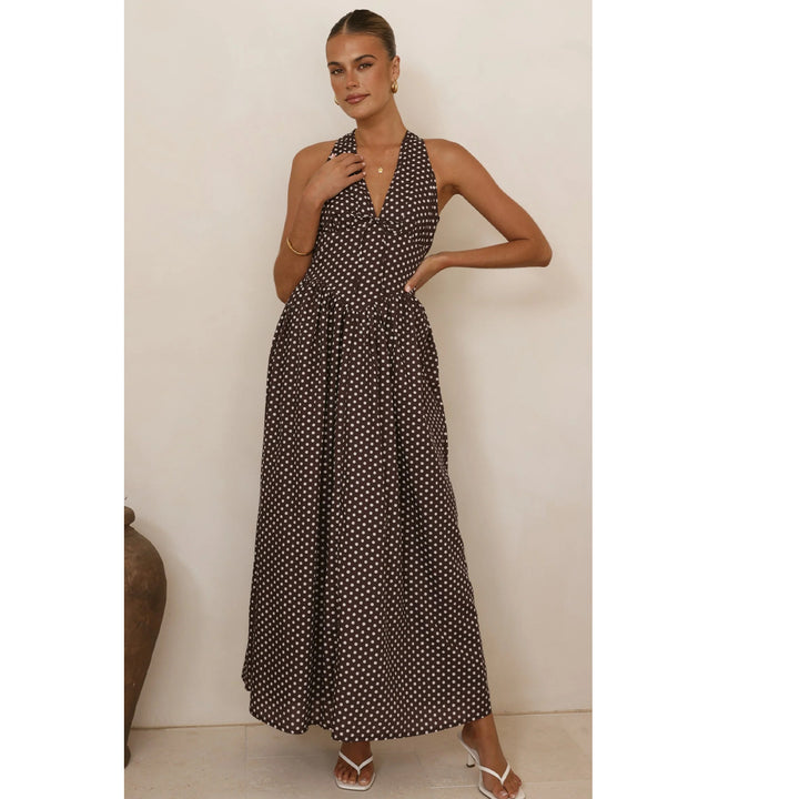 Damen Maxikleid mit tiefem V-Ausschnitt und verspieltem Polka-Dot-Muster Drune