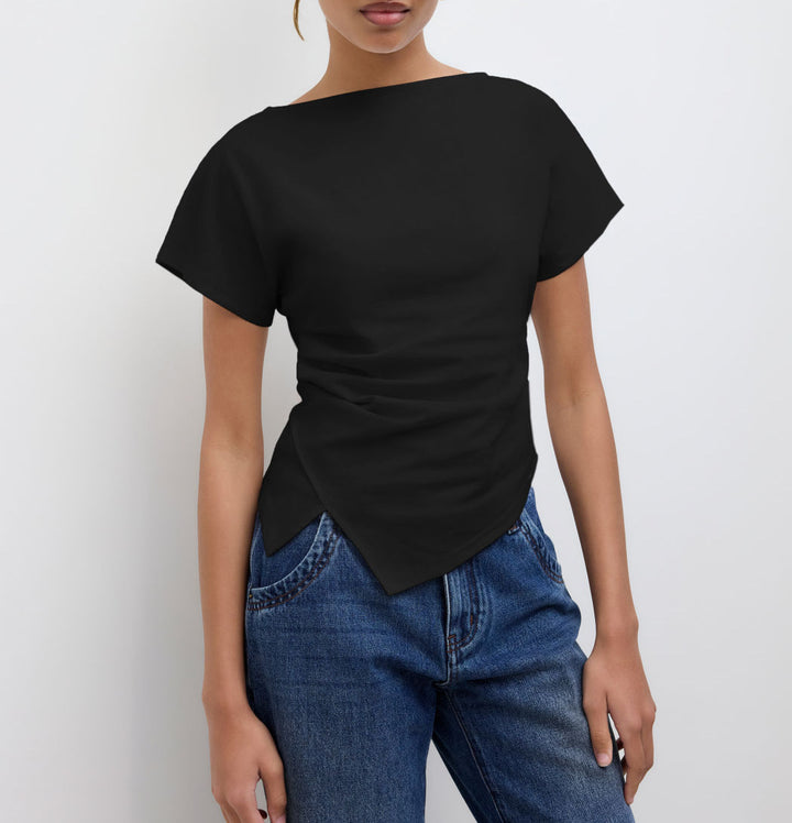 Damen Cropped T-Shirt mit asymmetrischem Schnitt und dekorativem Drapierungseffekt Drune