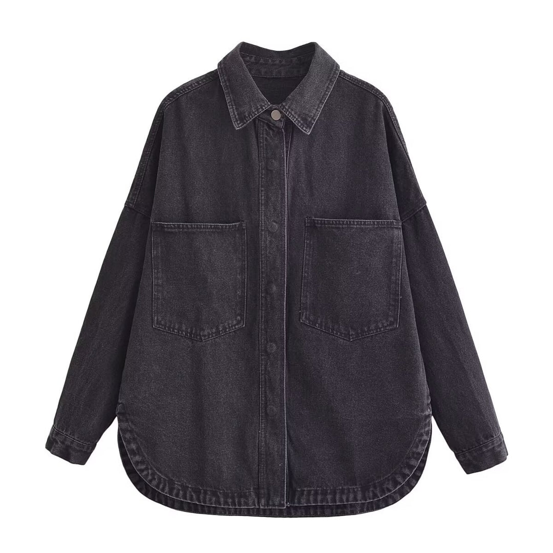 Damen nan oversized Jeanshemd mit aufgesetzten Brusttaschen, leichter Baumwoll-Denim und abgerundetem Saum Drune