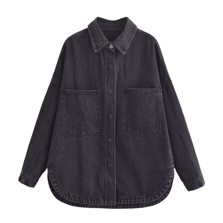 Damen nan oversized Jeanshemd mit aufgesetzten Brusttaschen, leichter Baumwoll-Denim und abgerundetem Saum Drune