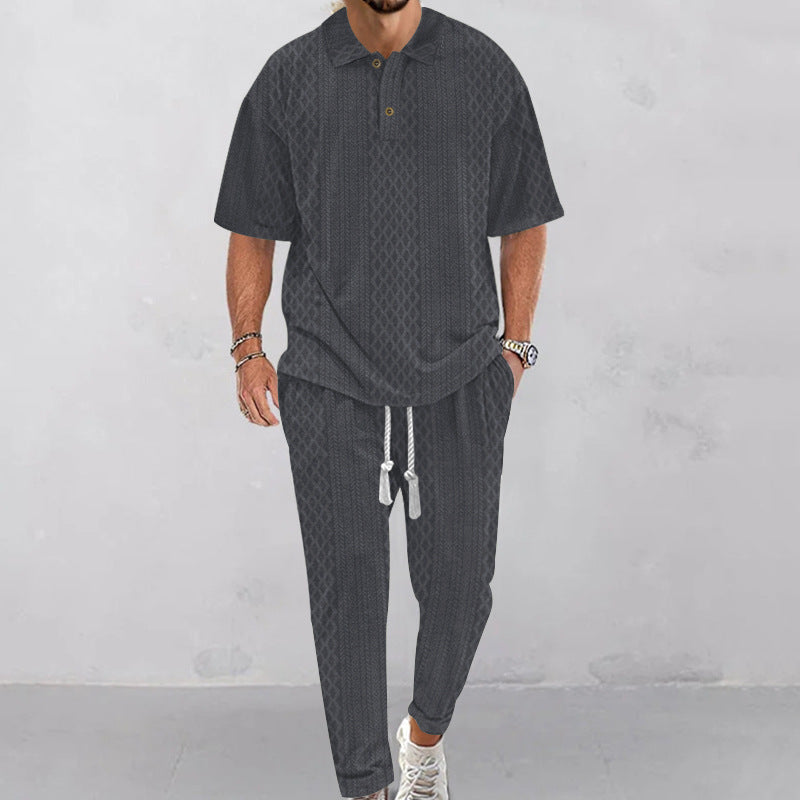 Herren nan Jacquard-Loungewear-Set mit Polokragen Kordelzugbund und konisch geschnittener Jogginghose Drune