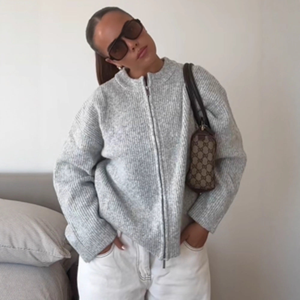 Damen kuschelige Strickjacke mit hohem Kragen und Reißverschluss Drune