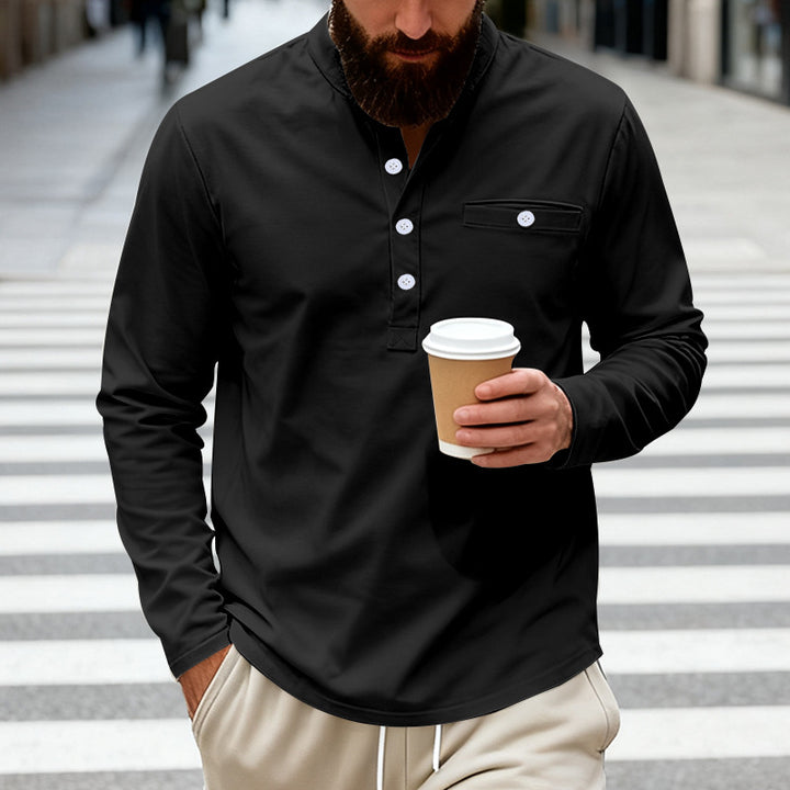 Herren nan langärmeliges Henley-Shirt mit Stehkragen, Brusttasche und dekorativer Knopfleiste Drune