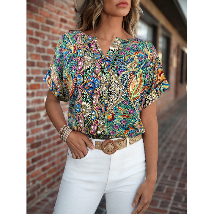Damen Kurzarm Bluse mit buntem Druck und V-Ausschnitt Drune