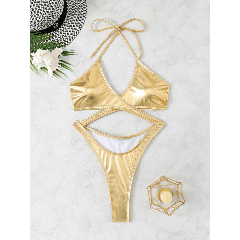 Damen Glänzender Triangel-Bikini mit raffiniertem Wickeldesign Drune