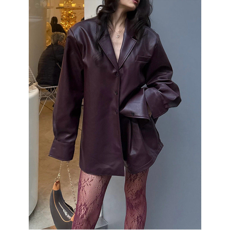 Damen Kunstlederjacke im modernen Oversize-Stil Drune