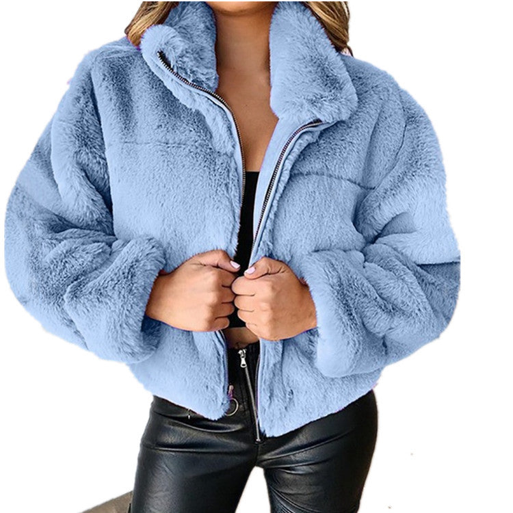 Damen nan kurze kuschelige Kunstpelzjacke mit Stehkragen und Reißverschluss Drune