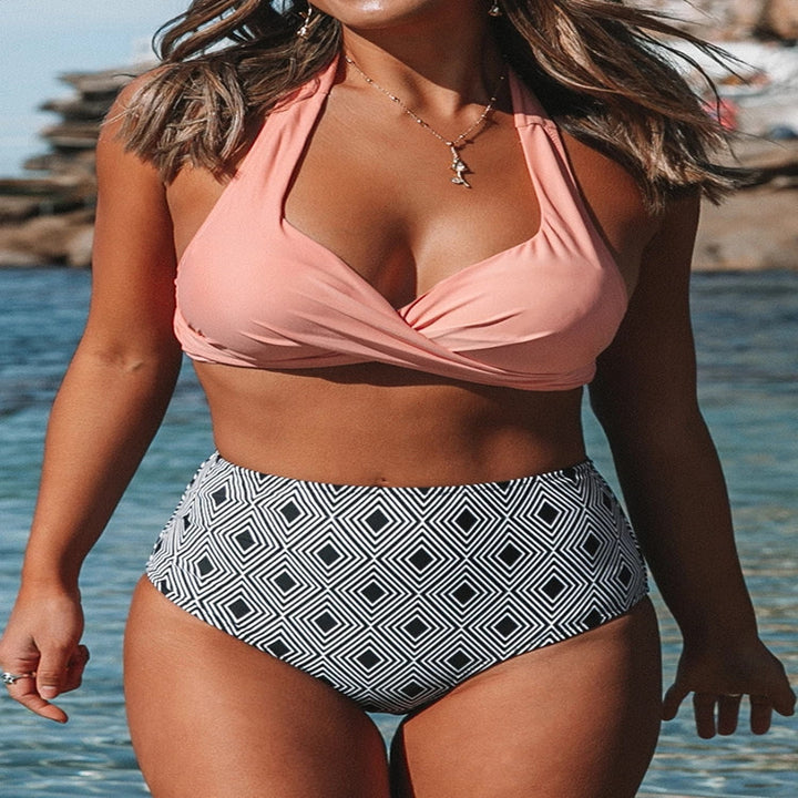 Damen High-Waist Bikini-Set mit elegantem Wickeldesign und modischem geometrischem Muster Drune