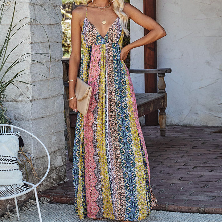 Damen Maxikleid mit einzigartigem Multi-Muster und verstellbaren Spaghettiträgern Drune